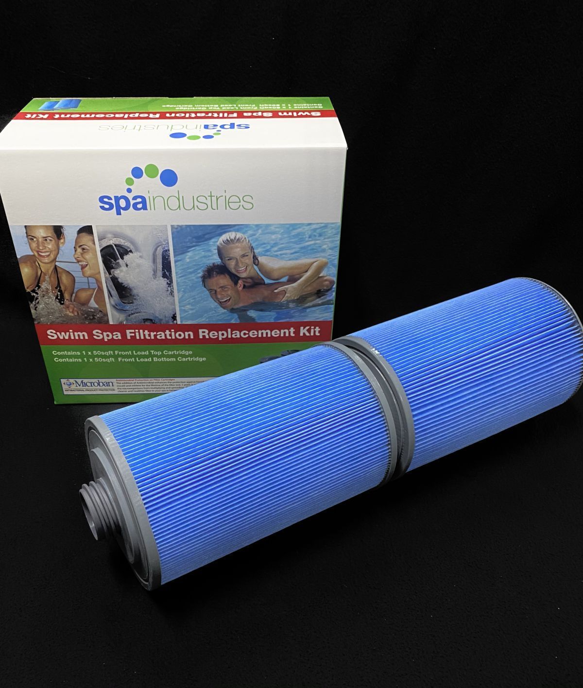 Spa filtration replacement kit box next to two blue cylindrical filters.