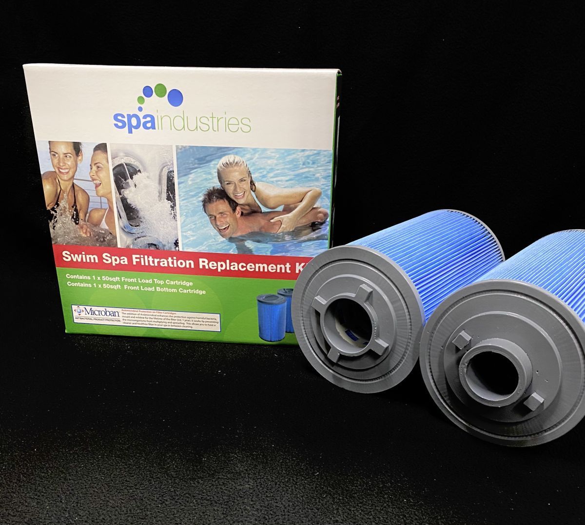 Spa filtration replacement kit box next to two blue cylindrical filters.