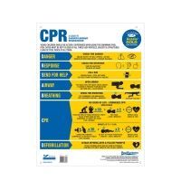 CPR training poster with instructions in blue and yellow.