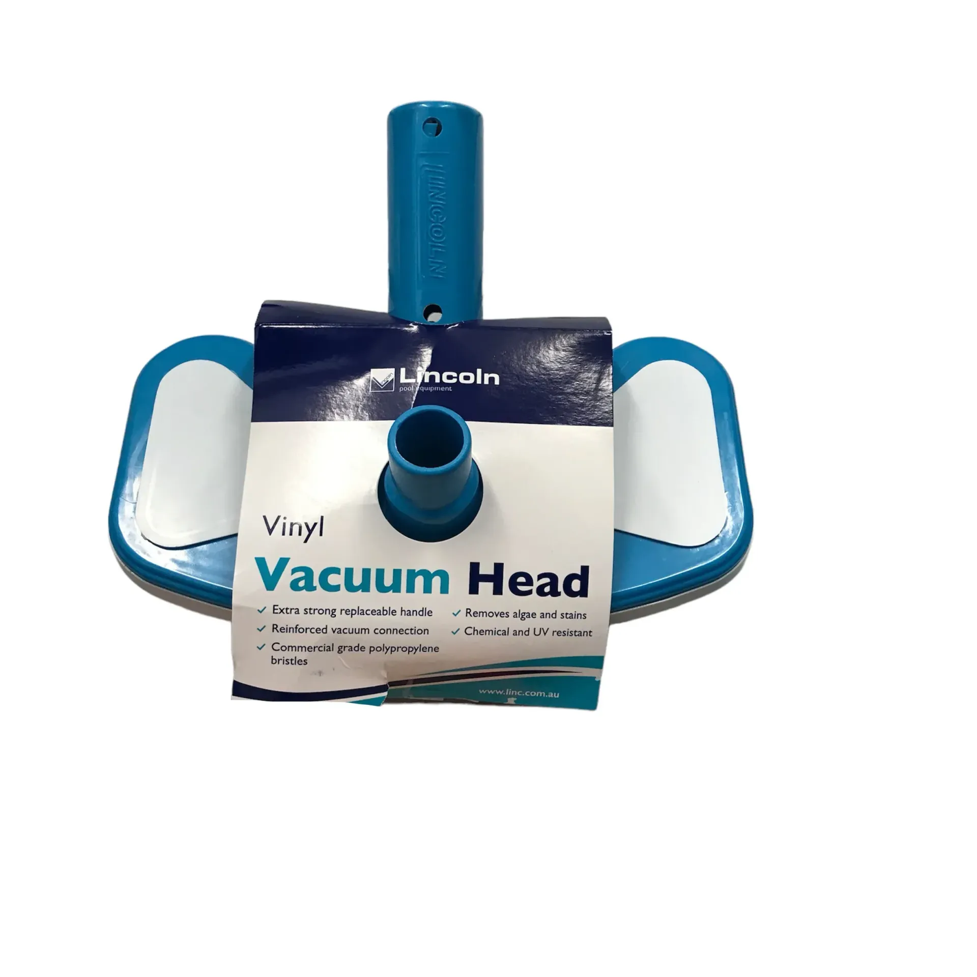 Blue and white vinyl vacuum head with attached packaging.