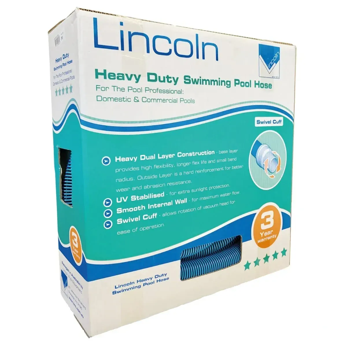 Box of Lincoln heavy-duty swimming pool hose; blue, white, and teal packaging. Features, warranty information.