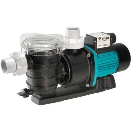 Pool pump with a clear lid, black and teal components, on a black base.