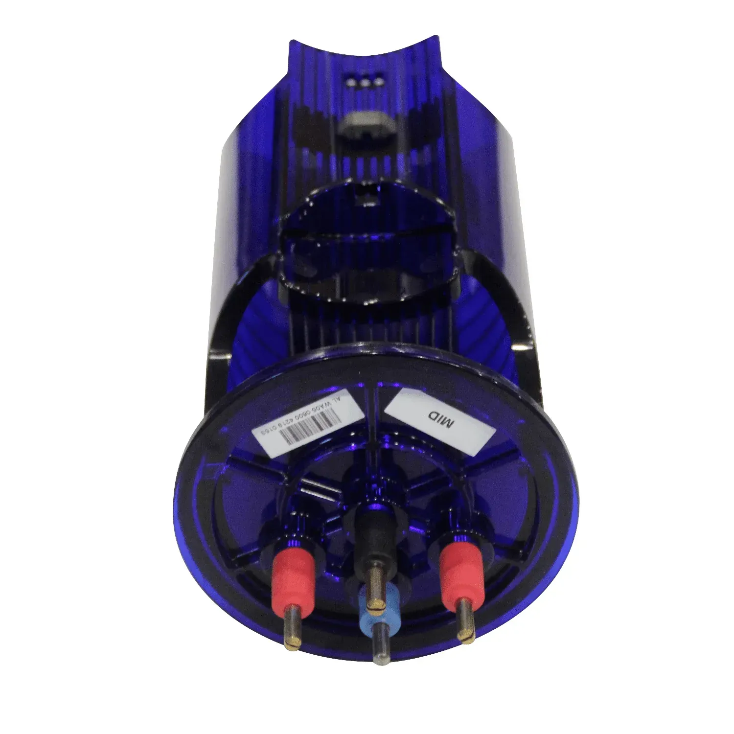 Blue audio speaker with red and blue connection points.