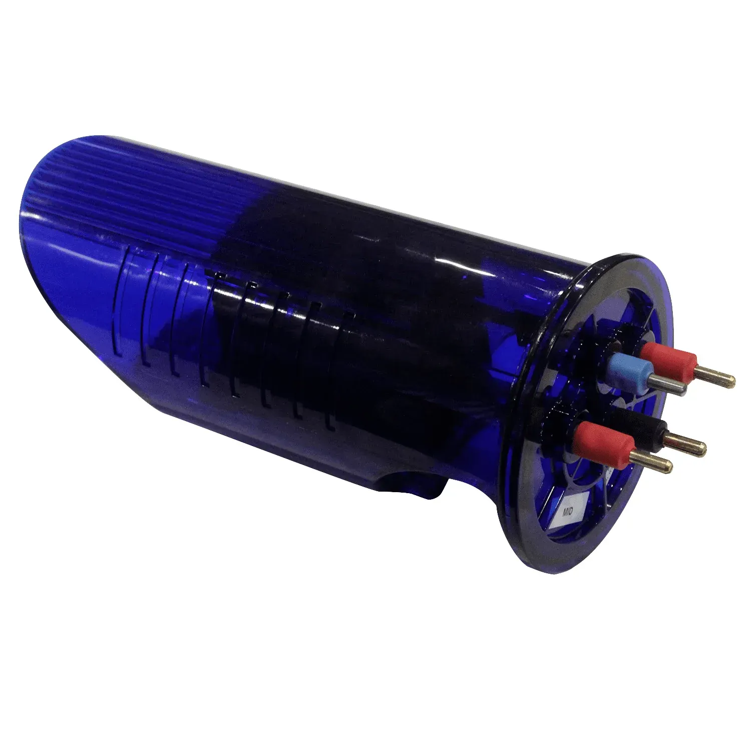 Blue audio speaker with red and blue connection points.