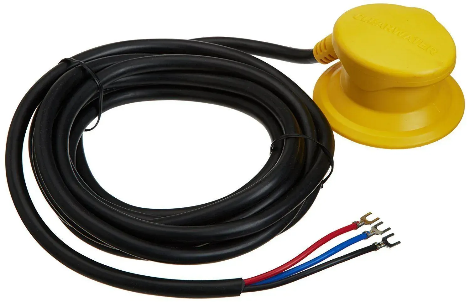 Yellow foot switch with black cord and three wires with connectors.