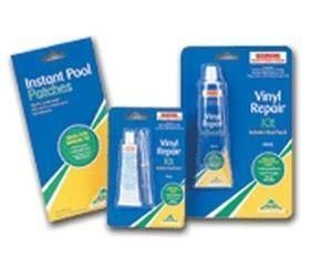 Packages of vinyl repair kits, blue and yellow, for pool repair.