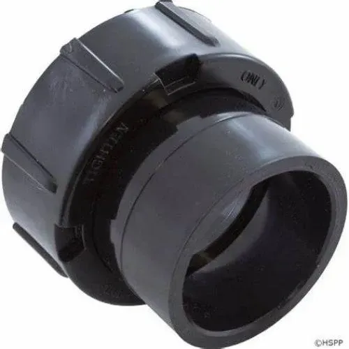 Black PVC union fitting with tightening instructions.