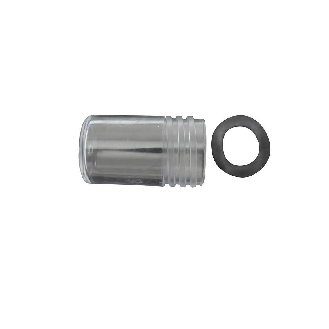 Clear plastic faucet aerator with black rubber O-ring.