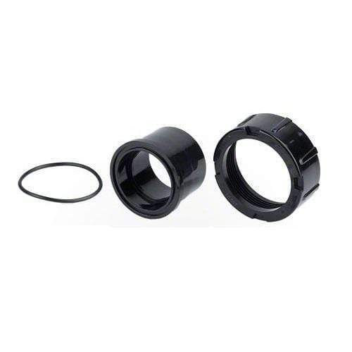 Black PVC pipe fitting set with a gasket.