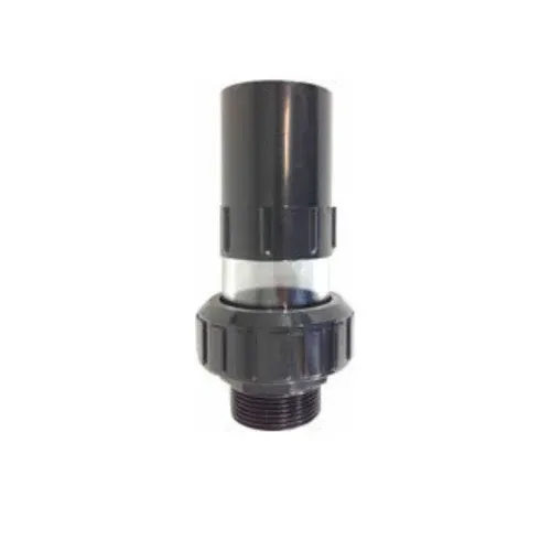 Black and gray PVC plumbing fitting with a threaded end and a clear observation window.
