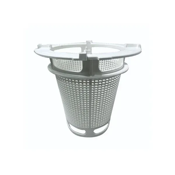 White plastic skimmer basket for a pool, cylindrical with a flanged top.