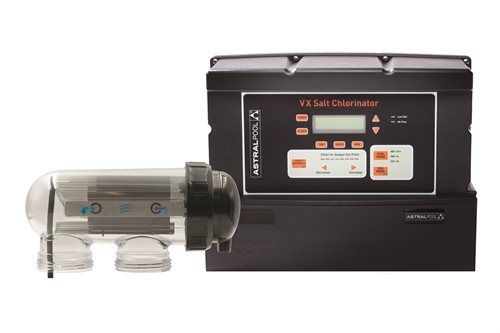 Pool salt chlorine generator system with control panel and clear cell.