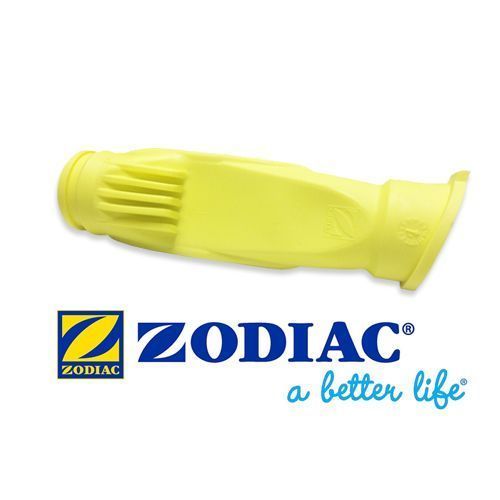 Yellow Zodiac pool cleaner head with logo and tagline.
