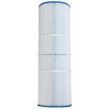 Cylindrical pool filter with white pleated filter material and blue end caps.