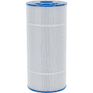 Cylindrical pool filter cartridge with blue end caps and pleated white filter material.