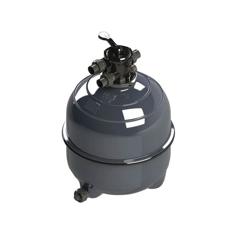 Gray pool filter with multiport valve on top.
