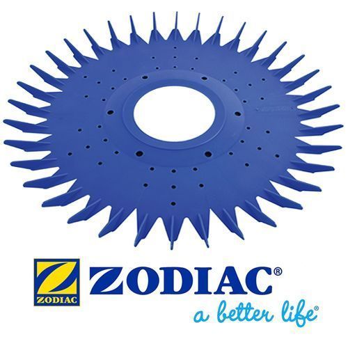 Blue Zodiac pool cleaner head with radiating fins. Zodiac logo and