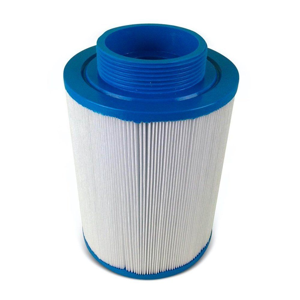 Blue and white cylindrical spa filter.