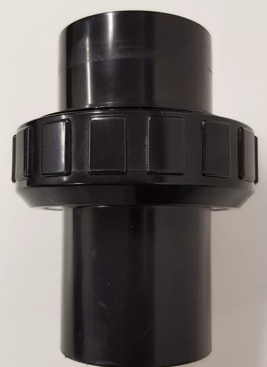 Black PVC union fitting with a threaded collar.