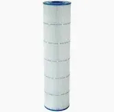 Cylindrical pool filter with white pleated filter paper and blue plastic end caps.