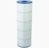 Cylindrical pool filter with white pleated filter material and blue end caps.