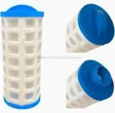 Blue and white spa filter. Cylinder with open white grid and blue caps.