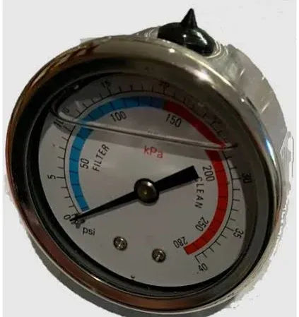 Pressure gauge with a needle indicating pressure, marked in kPa and psi, and color-coded