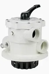 White multi-port valve with black handle, used for pool filtration.