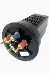 Black speaker terminal with four colored binding posts for connecting audio cables.