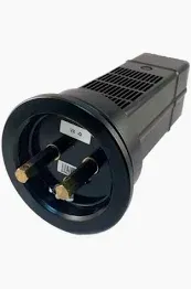 Black electrical plug with two prongs and ventilation, circular base.