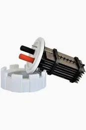 Saltwater pool chlorinator cell with red, black wires, white flange and lid.