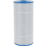 Cylindrical pool filter with white pleated fabric, blue end caps.
