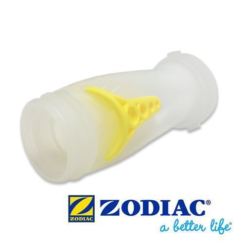 White Zodiac pool valve with a yellow vane inside.