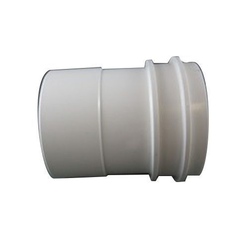 White plastic pipe coupling with grooved end for joining pipes.