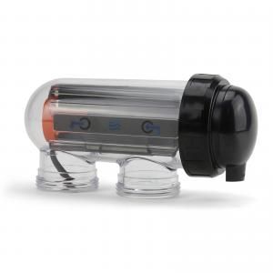 Clear plastic pool water purifier with black cap and orange detail.