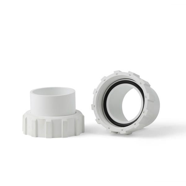 Two white PVC union fittings with black O-ring seal, for joining pipes in plumbing.