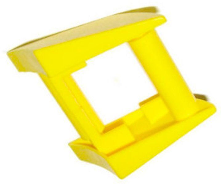 Yellow plastic LEGO brick, angled, with rectangular opening in the center.
