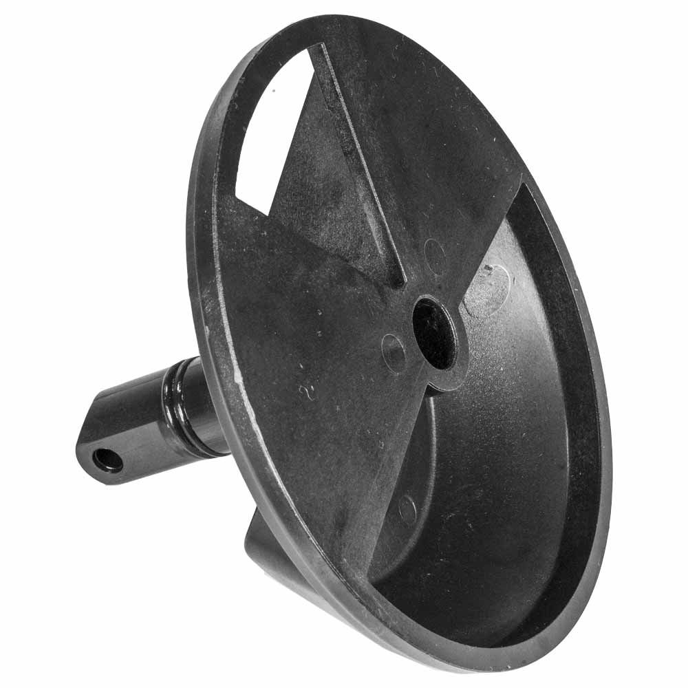 Black plastic impeller with a central shaft and a round disc with cutouts.