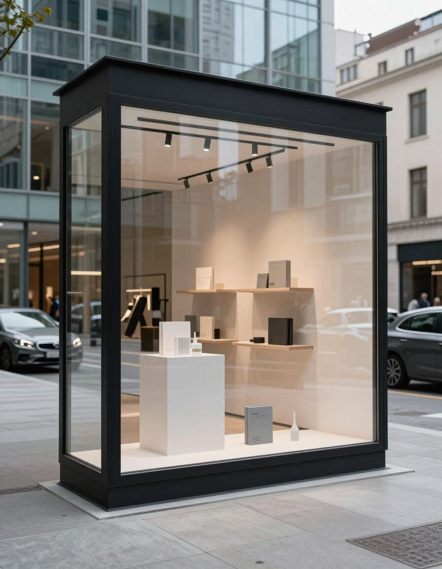 Vetrina commerciale con vetro blindato trasparente e cornice nera.