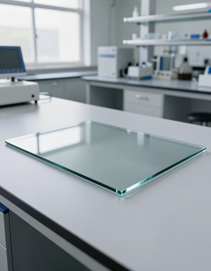 Lastra di vetro temperato e finiture satinate su un tavolo di lavorazione in laboratorio moderno.