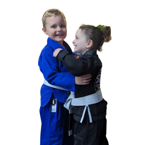 Two young boys are practicing judo on a white background.