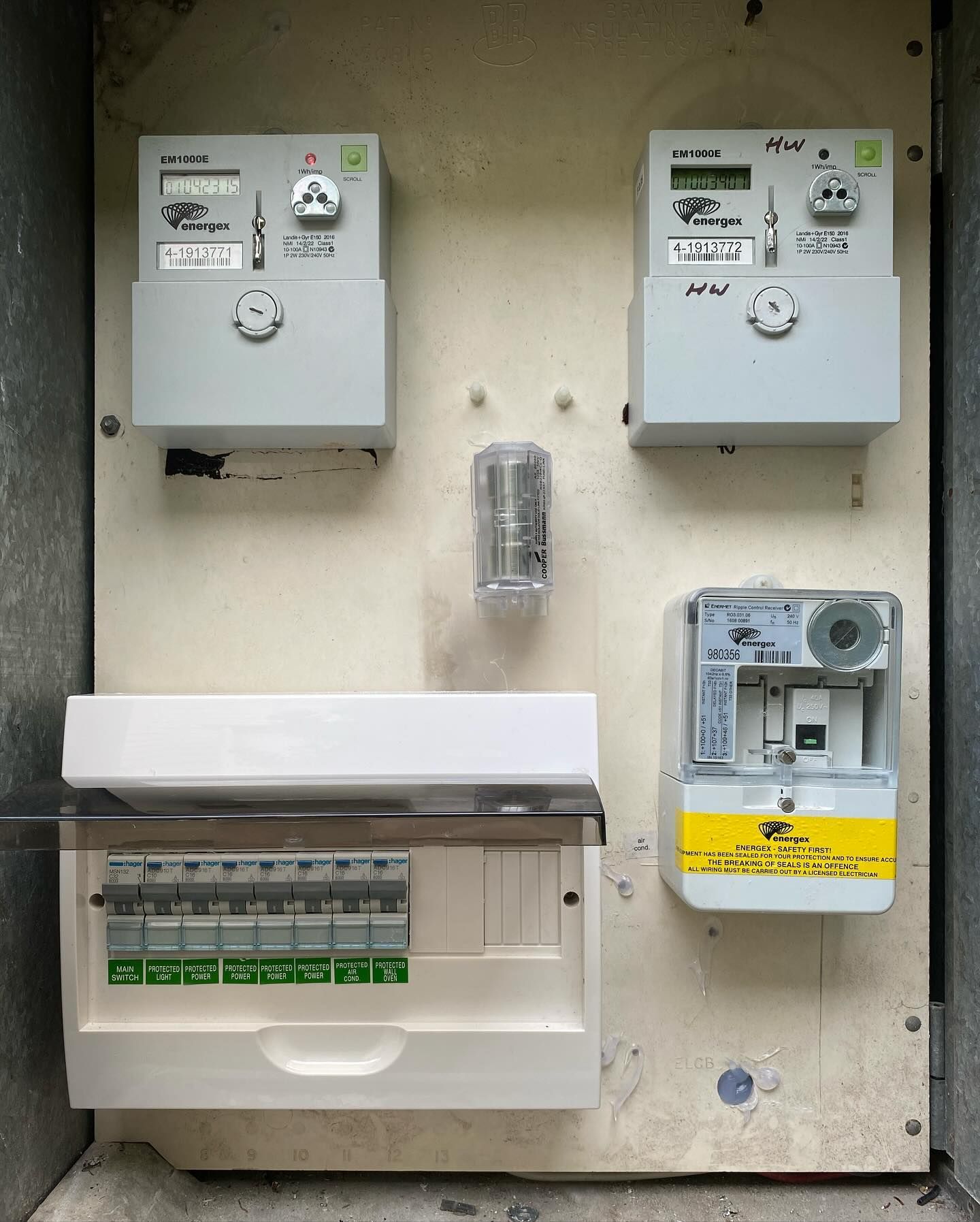Switchboard with labelled circuit protection and electricity meters