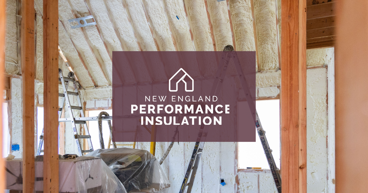 Logo for New England Performance Insulation over a construction site with exposed framing and insulation tools