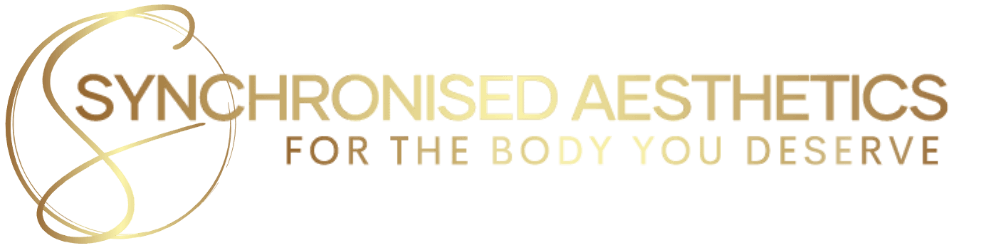 Synchronised Aesthetics Home Logo for Synchronised Aesthetics with gold script text and a curved gold design element.