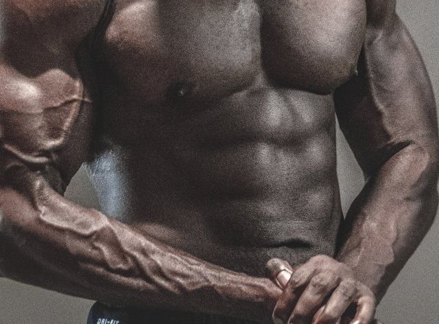 Muscular torso and arms with prominent veins.