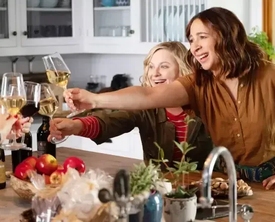 Two women are toasting with wine glasses in a kitchen.