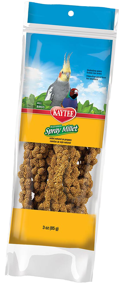 Bag of bird treats with a cockatiel illustration, clear plastic.