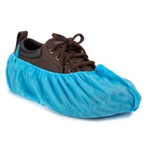 Blue shoe cover on dark brown shoe