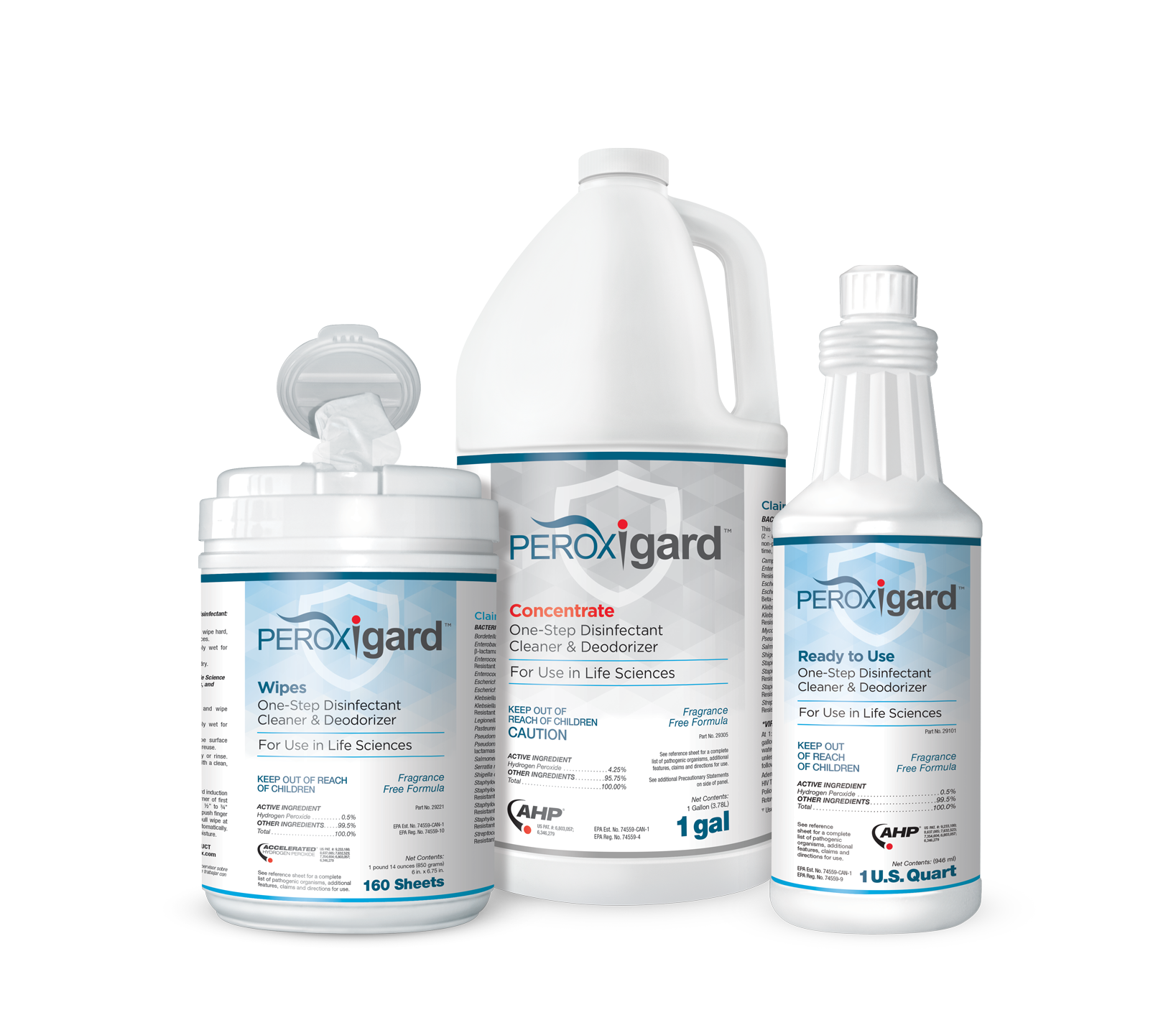 Three white bottles of Peroxigard disinfectant, of varying formats.