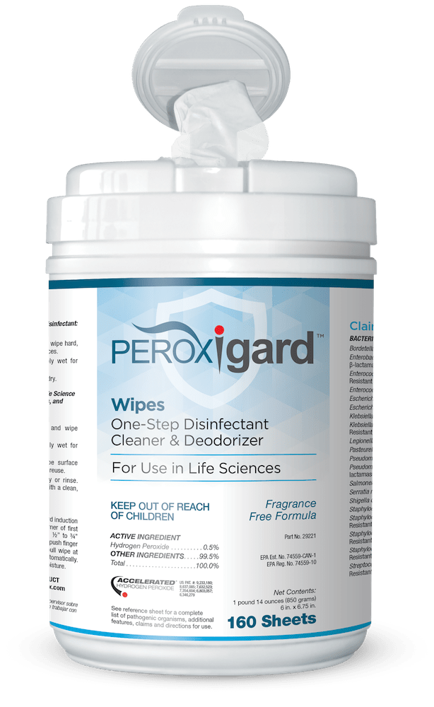 Bottle of Peroxigard wipes